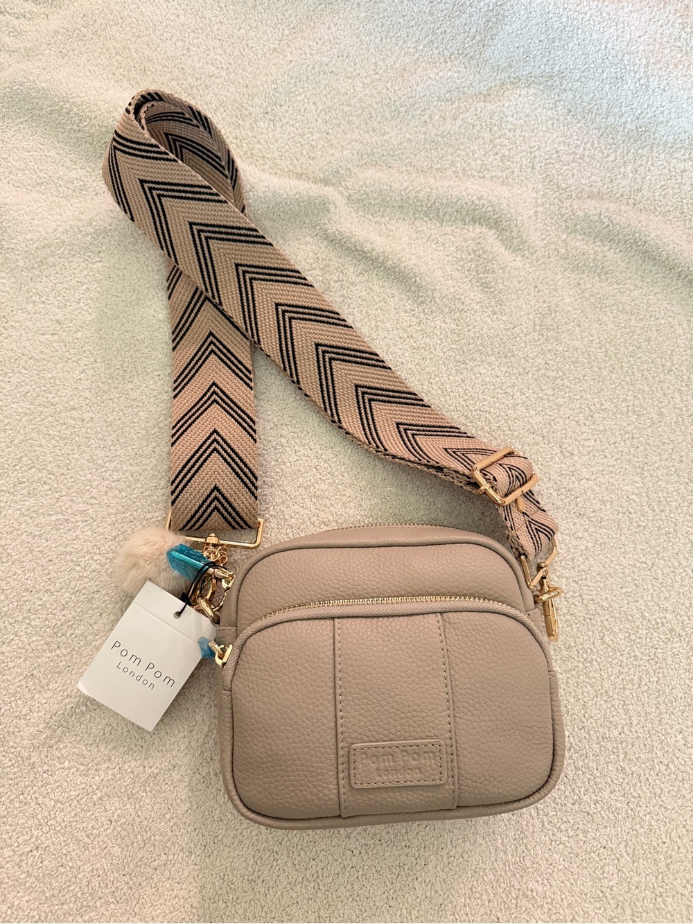 Pom Pom London Taupe Pebble Crossbody with Chevron Strap